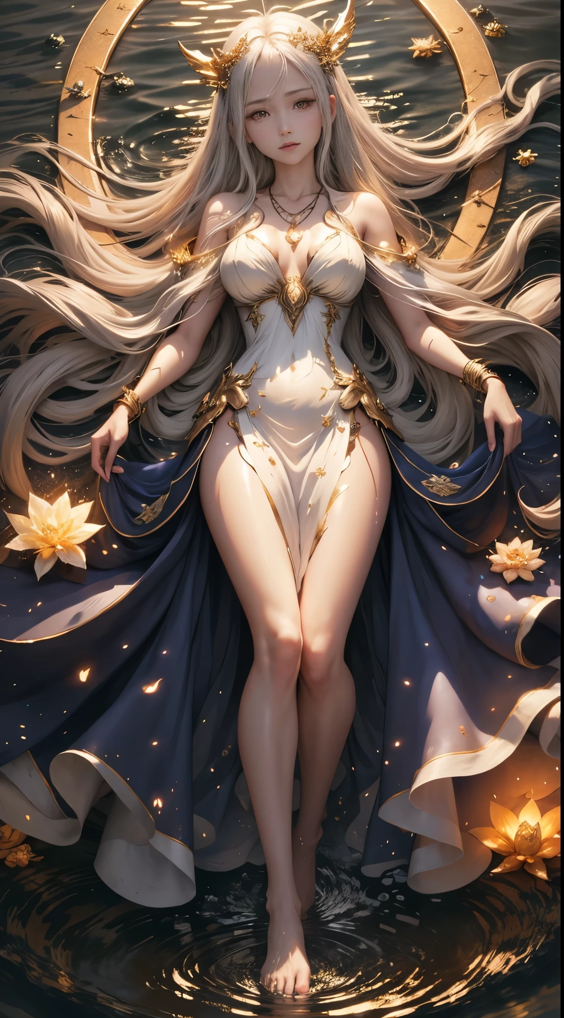 masterpiece、Golden halo、Holy Goddess、Colorful decorative hair ornament、Large necklace encrusted with fine jewels、Delicate facial beauty、Dresses that flow like water、Dress with pale flames、A stream of water that covers the whole body、Supple fingers、Slender body、Fair skin、Long hair disheveled with white silver,、Floating on the surface of the water、Dragon in the sky、Pitch Black Darkness、Suspended light grain、blue flames、splash water, bare feet, full body
