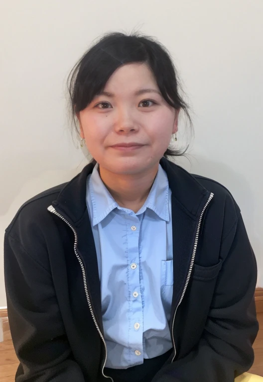 Realistic, Sharp focus, High resolution, High resolution, ((Portrait Photography, alone、Japanese, :1.3)), She is standing、Bedroom、Open your mouth、Please show me your nipples、ponytail、Wearing buttoned-up workwear with collar、The work clothes are cotton and light blue.、Working in a factory、A warehouse full of cardboard boxes、Please show me your breasts、Upper body photo