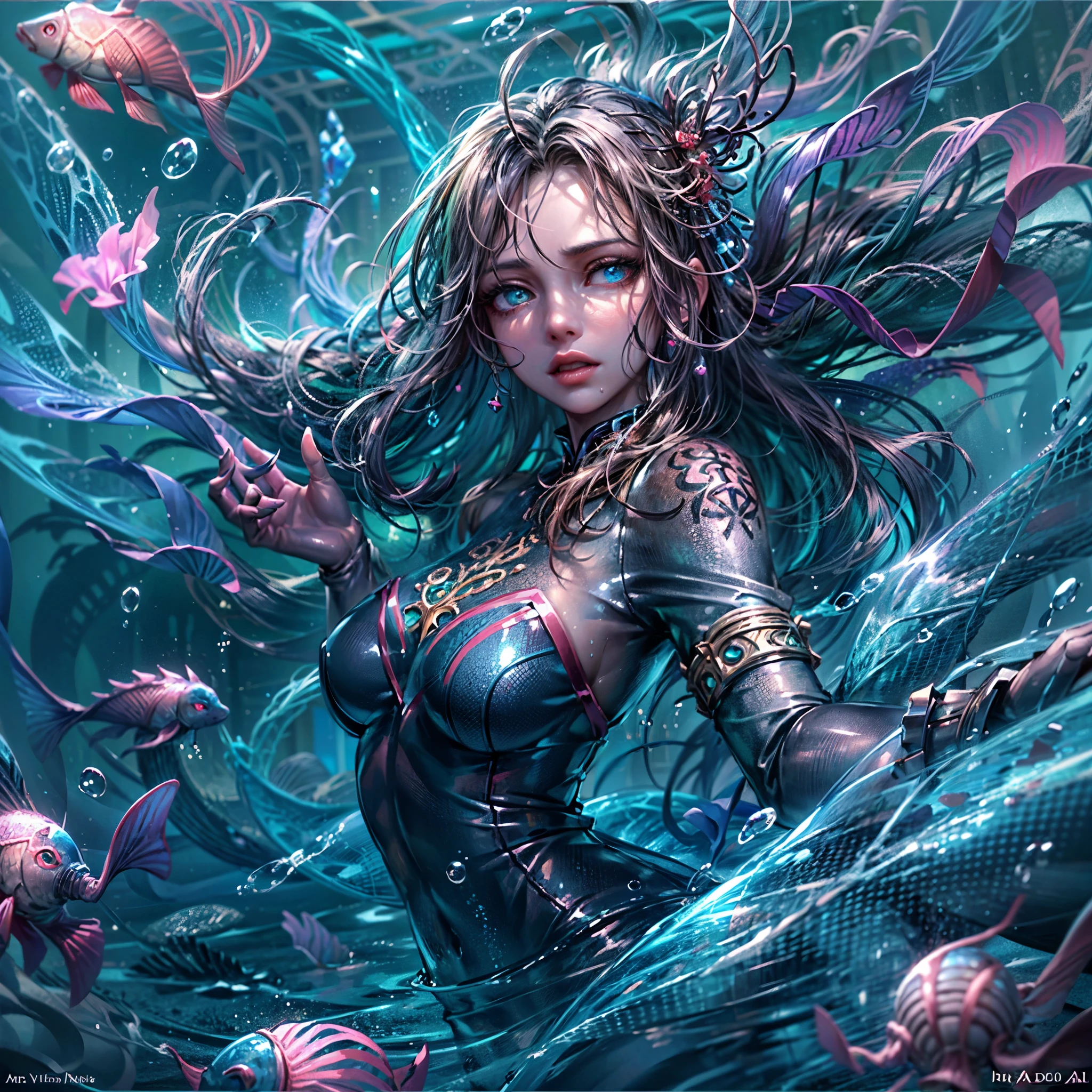 high details, best quality, 16k, [ultra detailed], masterpiece, best quality, (extremely detailed), full body, ultra wide shot, RAW, photorealistic, fantasy art, dnd art, rpg art, realistic art, an ultra wide picture of a mermaid (1.5 intricate details, Masterpiece, best quality) water mage casting ((water control spell)), water wizard ((water magic, intense magic details)), ((controlling a swirling mass of water)), magical symbols GlowingRunes_pink, female mermaid, blue skin, green hair, long hair, swirling hair, intense eyes, small pointed ears, ((blue eyes)), ((glowing eyes)), armed with magical wand, wearing sea shell clothing, beautiful mermaid, underwater background, rich underwater life, ((magical atmosphere)), fish and sea weeds, high details, best quality, highres, ultra wide angle