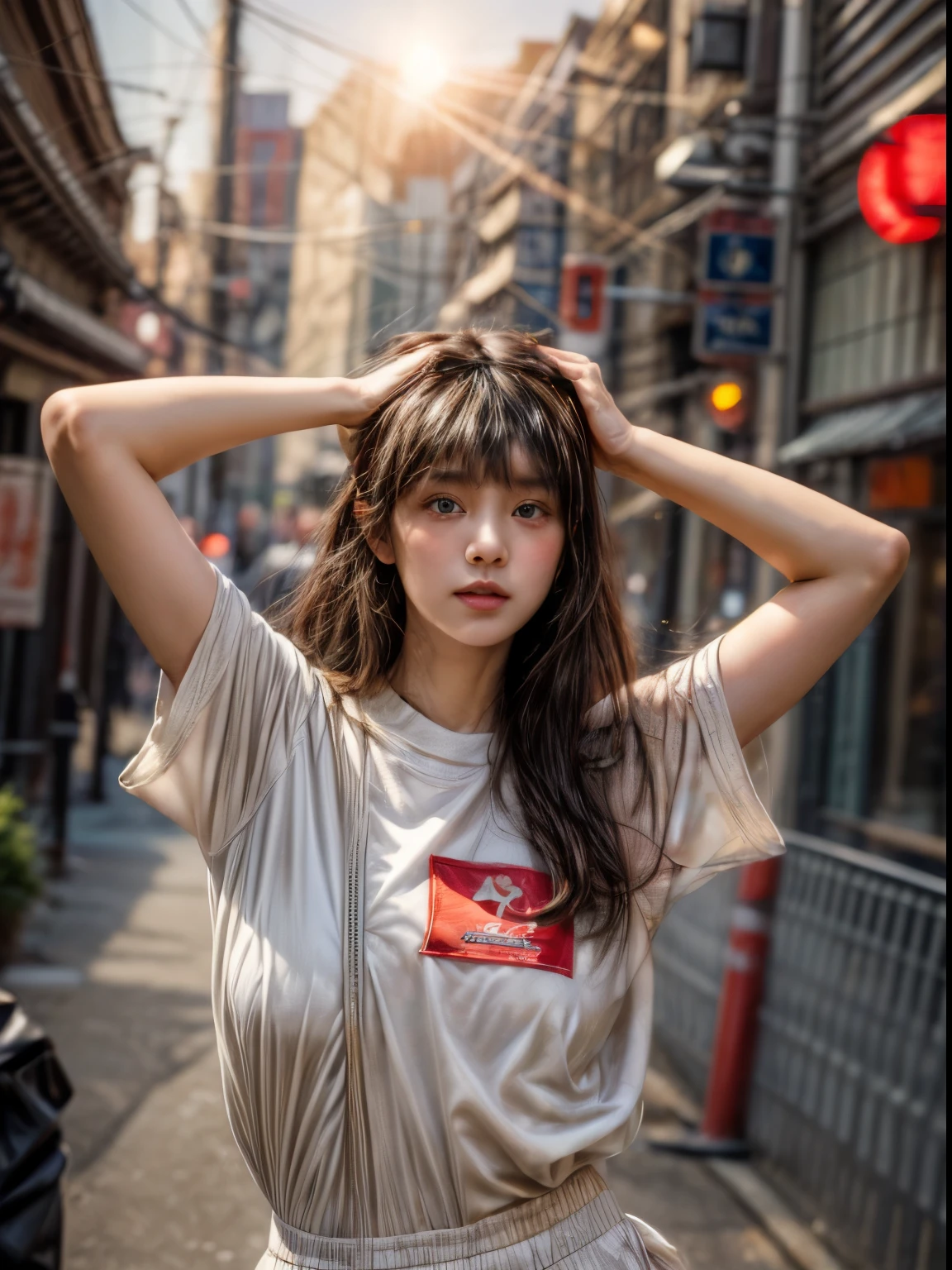 masterpiece、8K、32K、highest quality、(Detailed both eyes)、(cute japanese woman、bangs:1.3)、23 years old、2 girls、elegant、black hair、(auraroid photo:1.4)、(Logo T-shirt:1.2)、(on the street:1.2)、(Fold your hands above your head:1.7)