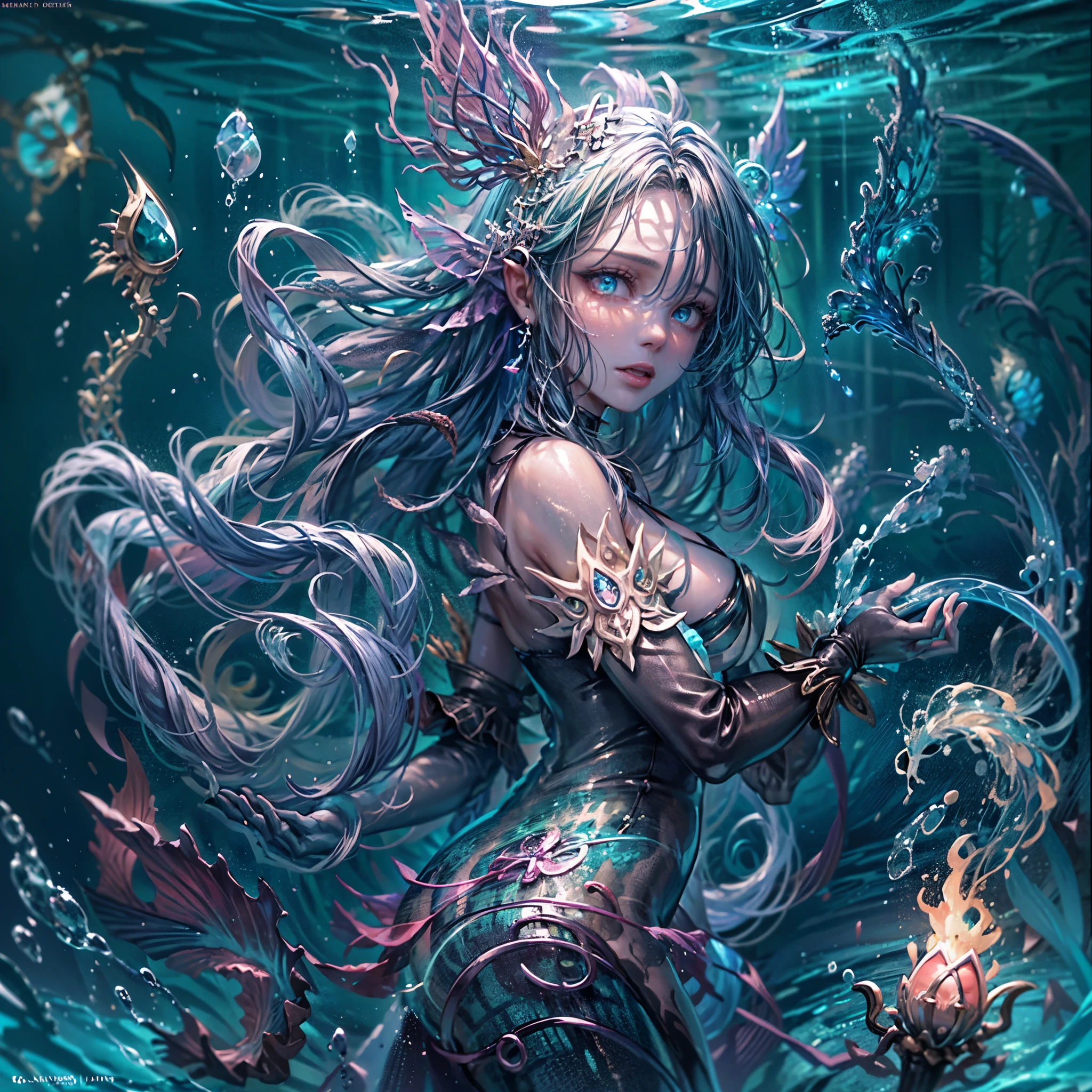 high details, best quality, 16k, [ultra detailed], masterpiece, best quality, (extremely detailed), full body, ultra wide shot, RAW, photorealistic, fantasy art, dnd art, rpg art, realistic art, an ultra wide picture of a mermaid (1.5 intricate details, Masterpiece, best quality) water mage casting ((water control spell)), water wizard ((water magic, intense magic details)), ((controlling a swirling mass of water)), magical symbols GlowingRunes_pink, female mermaid, blue skin, green hair, long hair, swirling hair, intense eyes, small pointed ears, ((blue eyes)), ((glowing eyes)), armed with magical wand, wearing sea shell clothing, beautiful mermaid, underwater background, rich underwater life, ((magical atmosphere)), fish and sea weeds, high details, best quality, highres, ultra wide angle