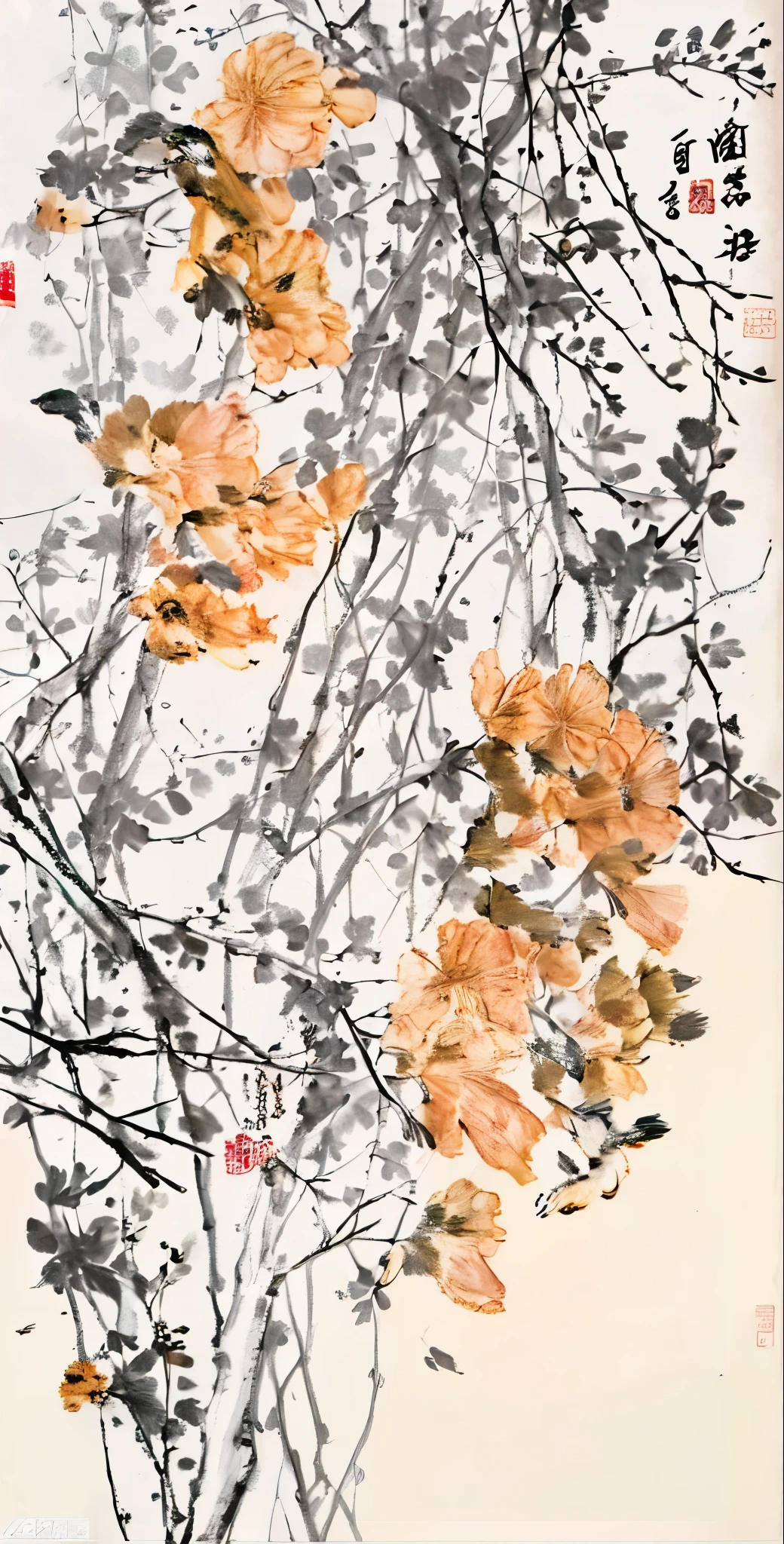 Chinese traditional art，Chinese painting，Freehand flower and bird painting，author：Qi Baishi，author：Wu Changshuo，author：Li Kuchan，Pomegranate tree，Delicate ink painting