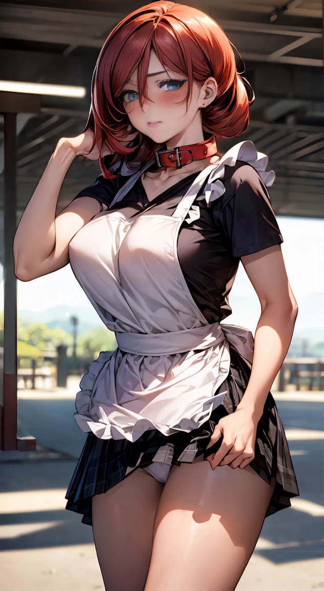 (masterpiece:1.2, highest quality), (realistic, photorealistic:1.4), beautiful illustrations,
looking at the viewer, whole body, Front view:0.6,
1 female, Japanese, ((Redhead chignon:1.4)), blown hair, bangs, hair between eyes, big breasts:0.8,
beautiful hair, beautiful face, beautiful and detailed eyes, (blue eyes:1.3), beautiful clavicle, beautiful body, beautiful breasts, beautiful thighs, beautiful feet, beautiful fingers,
(beautiful scenery), (Inside a convenience store),
((Short sleeve shirt with collar, black shirt green plaid pleated skirt)), (white apron:1.3), white panties,
(Are standing, lift the skirt, Grab the hem of the skirt, put your hand on your chest, hand between legs),
(glare at the viewer while blushing:1.5)