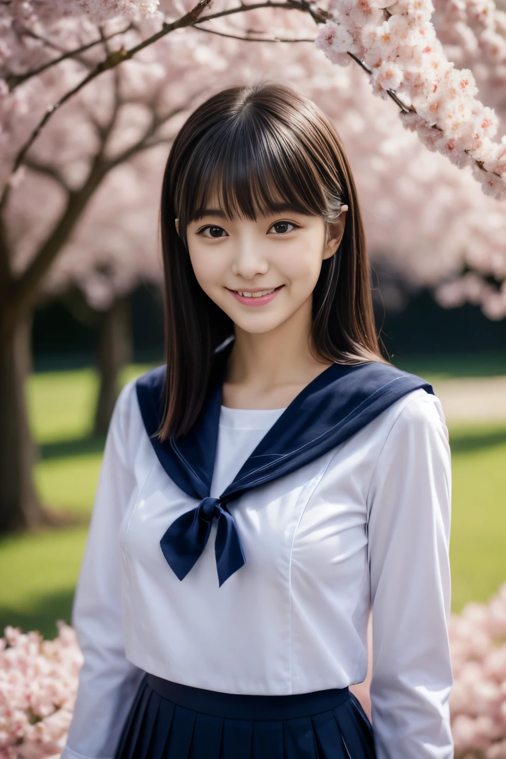 1 girl, Close up of woman posing for photo, The most beautiful Japanese model, 18-year-old female model, 4K、bangs、A dark-haired, long bob hair, Middle hair, Straight hair、(Navy long-sleeved shirt, sailor suit, navy pleated skirt:1.2), (Super cute face in idol style:1.4), upper body, slim and beautiful figure, sexy, beautiful breast, A smile, The background is a row of cherry blossom trees, (RAW photo, best quality, masterpiece, ultra detailed, ultra high res, realistic),
