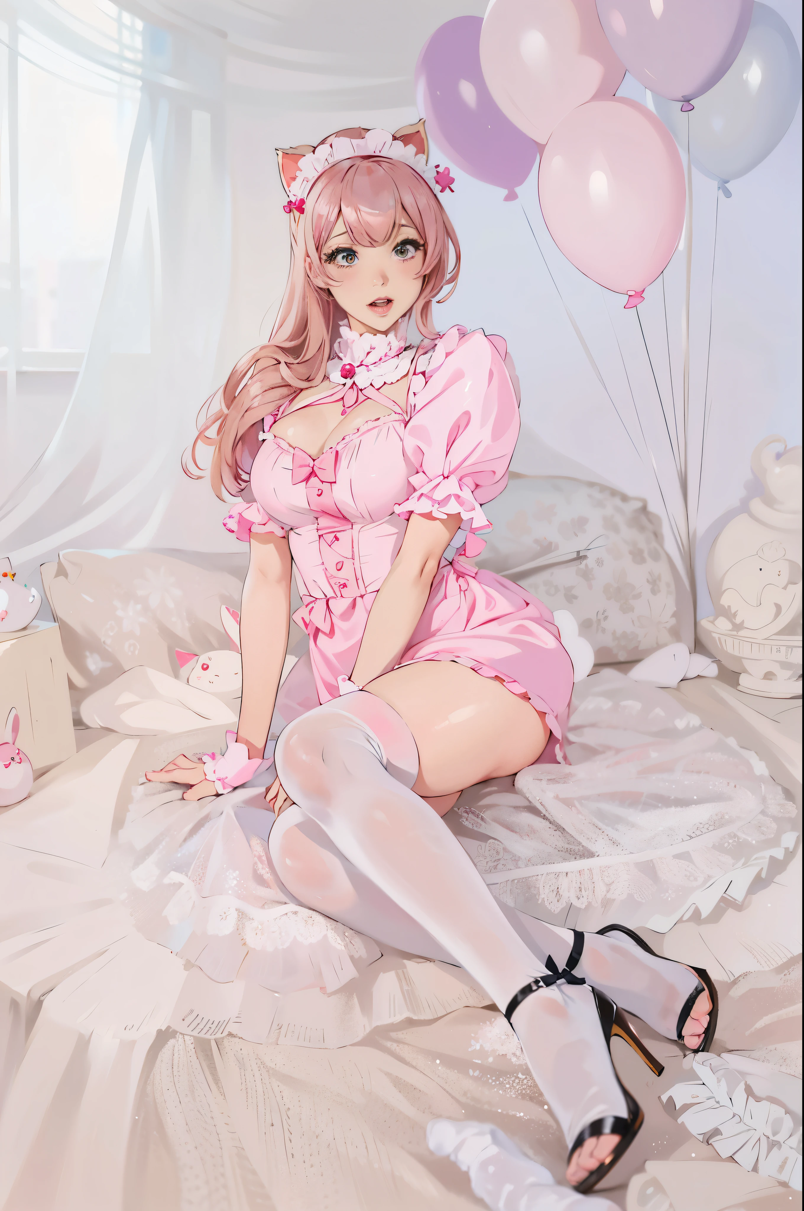 there is a woman in a pink dress sitting on a bed, anime girl cosplay, Surreal Sweet Bunny Girl, Cartoon Barbie wearing white stockings, Belle Delphine, sakimichan, cosplay of a catboy! maid! dress, cosplay, anime cosplay, pink girl, trending on cgstation, , sakura kinomoto, ayaka cosplay