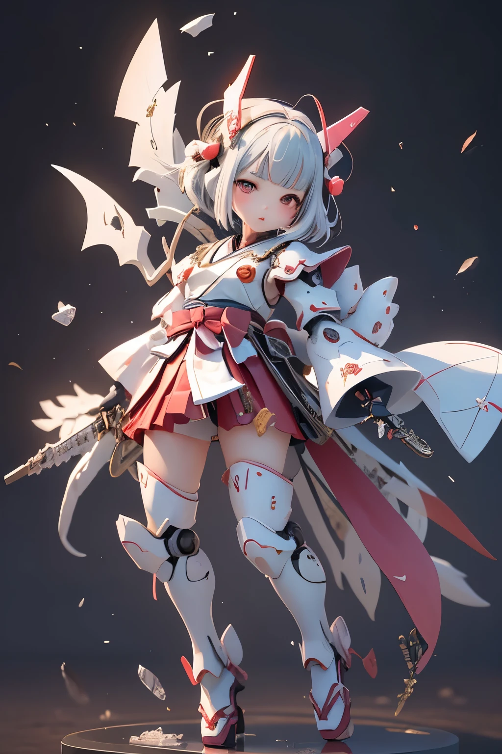 (highest quality)), ((masterpiece)), (very detailed: 1.3), 3D, {(japanese young girl)}, white theme, (ware a scarlet hakama:1.2), wear shrine maiden anime costume, (She is fused with futuristic Gundam mecha:1.2), with headgear, with v-fin , armored shoulders,armored under arms, armored under legs, (holding a Japanese sword in the right hand:1.2), multilayer textureperfect proportions, octane rendering, duotone lighting, Low ISO, wide aperture, White balance, Rule of thirds, ultra HD16k, HDR (High Dynamic Range), Ray Tracing, NVIDIA RTX, Super Resolution, Subsurface Scattering, PBR Texturing, Post Processing, Anisotropic Filtering, Depth of Field, Maximum Clarity and Clarity, High efficiency subpixel, subpixel convolution, particles of light, light scattered, Tyndall effect, full body:1.5, battle pose, cute, (cute:1.2), (bob cut:1.3),三つ編み, 黒髪, 太い眉毛, 薄い色の虹彩, 大きくて輝いている黒い瞳, 長いまつげ, 小さく薄い色の自然な唇, (Average face of Japanese idols), (日本人特有の童顔:1.3), (baby face), 広いおでこ:1.2, ふっくらした頬, 小さな顎, visible side boob, broken streets, Broken City,looking at viewer,Focus on the eyes, (完璧な4本の指, 親指1本),