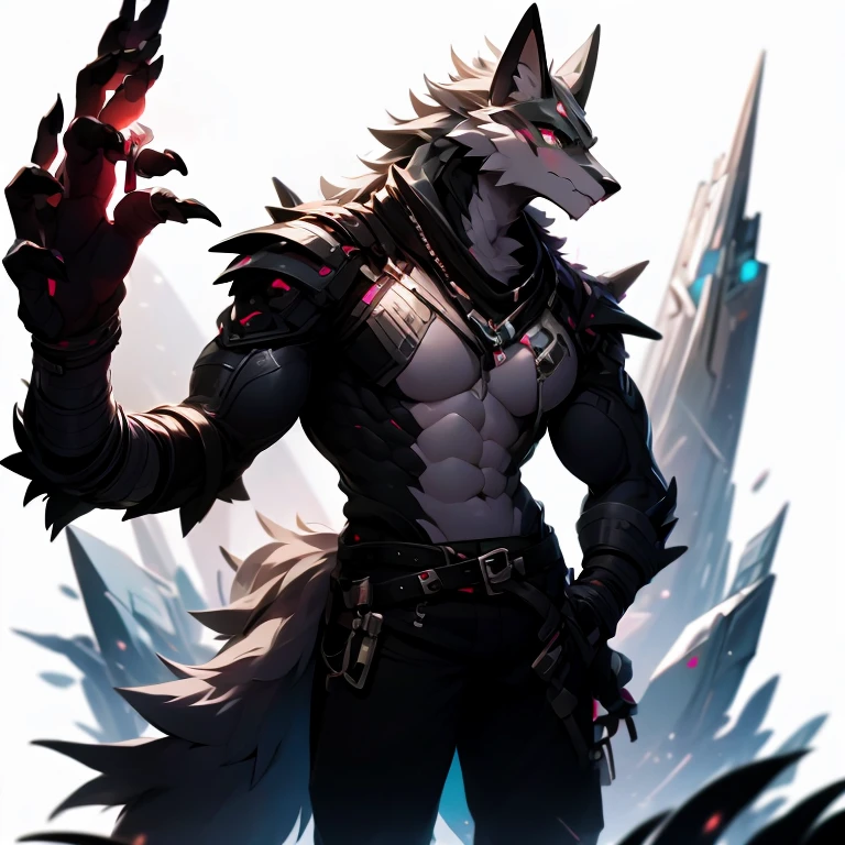 Ciberpunk, oculos de sol, (mechanical lobo claws), long arms, ombros largos, hands with claws, obra de arte, (super detalhado), (antropomorfismo animal), tema gangster, lobo, bonito, sobretudo, luzes fracas, smoke, sombra, Paisagem urbana corrupta, Mais alta qualidade, monofocal, (desnatação: 1.1), Man muscle, corpo todo, Intricado (alto detalhe: 1.1),