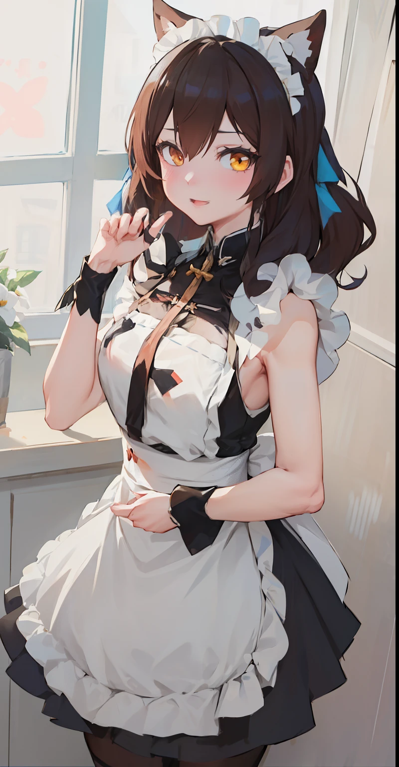anime character dressed in maid outfit posing in front of window, maid outfit, Gorgeous maid, 穿着maid outfit的动漫猫女孩, 穿着maid outfit的动漫女孩, maid outfit, wearing clothes, Anime cute art style, Cute anime waifu wearing beautiful clothes, from girls frontline, Exquisite details. girls frontline, guweiz on pixiv artstation