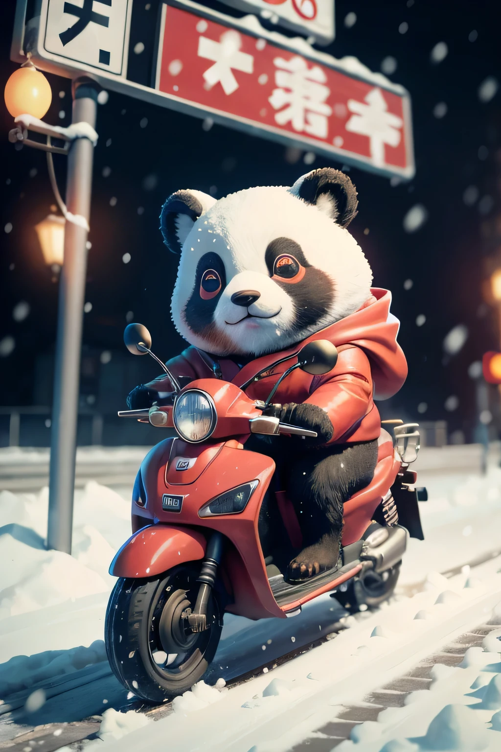 Very dynamic medium scene. A panda wearing a red cotton coat rides a battery car at full speed. Snowy streets.  many details.Surrealism.((The street sign says &quot;Yulin East Road&quot;)).There must be road signs on the roadside.The street sign says &quot;Yulin East Road&quot;.((it&#39;It snowed heavily)).(There must be road signs on the roadsideThe street sign says &quot;Yulin East Road&quot;的路牌))