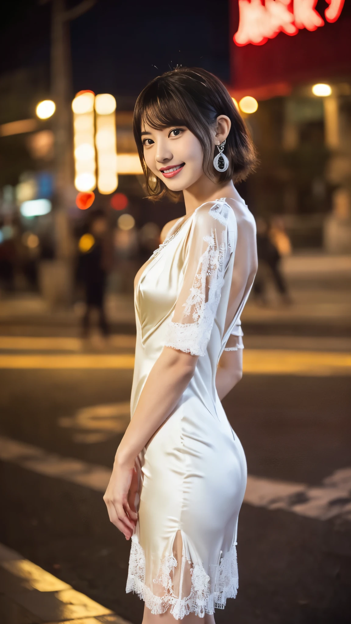 8K, table top, RAW photo, highest quality, realistic, Highly detailed CG Unity 8K wallpaper, Depth of bounds written, cinematic light, Lens flare, ray tracing, (very beautiful face, beautiful lips, beautiful eyes), face with intricate details, ((super dense skin)) 1 girl, in the dark, deep shadow, cute korean girl, Flashy makeup with red eyeshadow,her shortcut, Delicate light brown hair is slightly disheveled with side waves.,wearing large ring earrings,K-POP idol, 1 girl, (very slim and slender fit muscular body:1.3), ((looking at the viewer)),(big smile:1.3), (sleeve fashion city night, Hand Precise,dark night, (neon sign), (blurred background), fashion street night),(no people in the background:1.3), beautiful earrings, bracelet, necklace, pantyhose, clear eyes, walk, (white skin), (big eye ace forward, ((upper body shot)), ((super mini color silk dress:1.3)),(brown hair),((tight fit lace dress)), (See through), open chest, very slim, medium breasts, backtracking,((buckshot)), See through, Medium Butt, Ultra Super Mini Skirt, updo hair,