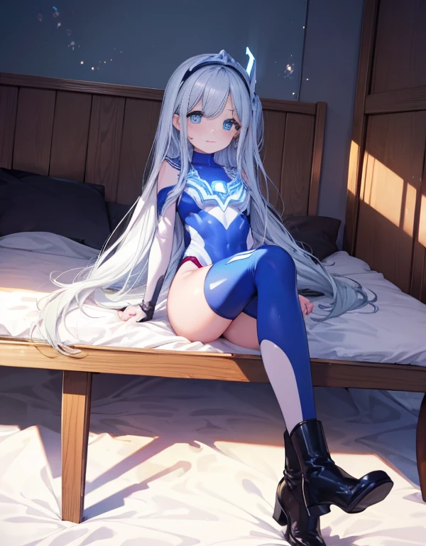 highest quality,sleep on your back in bed,Crab crotch,show me your boots,Leotard sneak peek,glove,elegant, 1 girl, ultraman bodysuit ,cute, blushed, looking at the viewer, from below, prison,blue eyes, beautiful eyes, beautiful background, particles of light, Light of the sun, dramatic lighting, outside, shiny, realistic, table top, highest quality, Super detailed, get used to it, scenery, beautiful and detailed eyes, thin hair,full body shot,