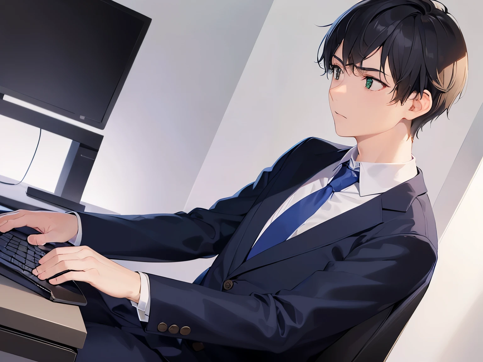 Resting chin in hand, dutch angle, (looking away:1.5), masterpiece、high quality、25-year-old man with short black hair and green eyes、Wearing a white Y-shirt、Wearing a dark blue tie、(Alone:1.5)、(Expressionless:1.1)、sitting、The background is an office、computer、
