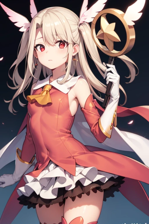 illiaswil woynzborn, Illyasviel von Einzbern, blonde hair, hair between eyes, long hair, (red eyes:1.5),
休息 boots, Detached sleeves, earrings, feather hair accessories, feather, Gloves, hair accessories, jewelry, layered skirt, long sleeves, Magical girl, miniskirt, pink footwear, pink shirt, pink sleeve, pleated skirt, shirt, skirt, sleeveless, sleeveless shirt, staff, boots, raise your legs, stamp, white feather, white Gloves, white skirt, absolute chance,
looking at viewer, (cowboy shooting:1.5),
 (masterpiece:1.2), best quality, high resolution, unified 8k wallpaper, (illustration:0.8), (beautiful and delicate eyes:1.6), extremely detailed face, perfect lighting, Extremely detailed CG, (perfect hands, perfect anatomy),Miracle enlightenment，Original Yongyao