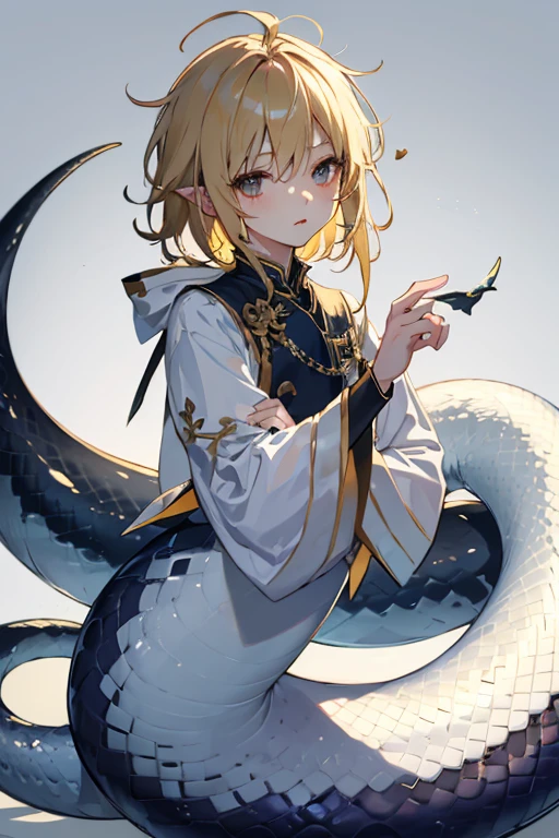 lamia male、delicate、9 、、Messy blonde hair、White scales、Composition that focuses on the upper body