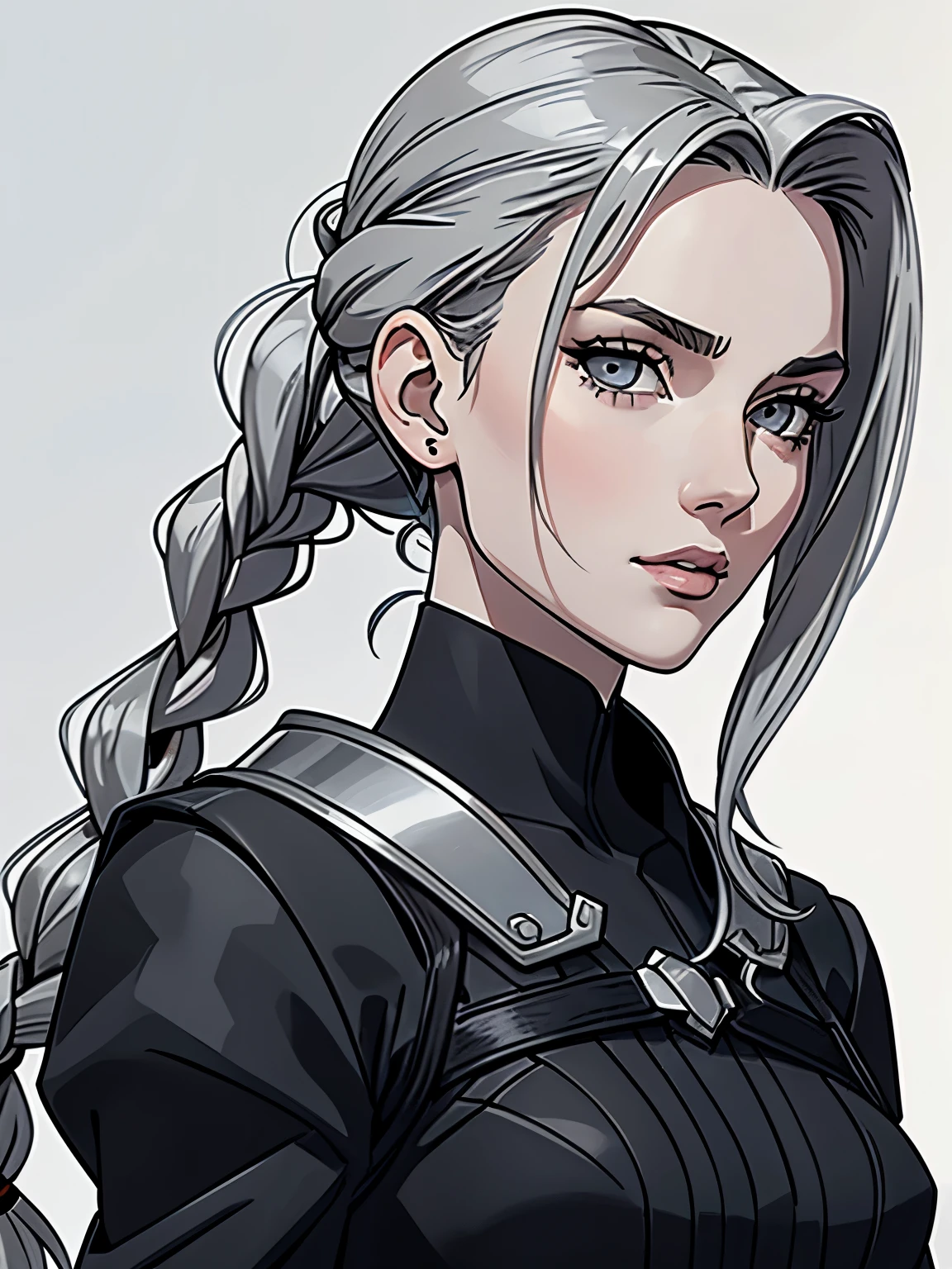 Cassandra is a tall young woman in her 20s with pale skin., gray eyes and white wavy hair, braided into a high ponytail with many small braids. Two strands of hair and asymmetrical bangs go down the sides of the face. Prefers clothes in black and gray colors with lots of silver accents