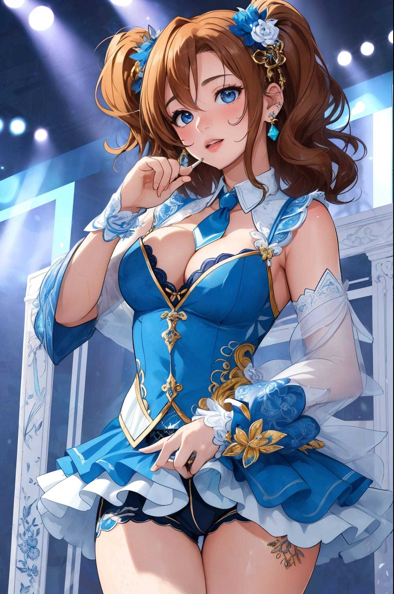 (Masterpiece, Best Quality, High Quality), professional artwork, well drawn, Intricate Details,(((a girl performing tiktok dance))),Kousaka honoka, ultra detail hair, ultra detail face, perfect eyes, earring, front tie white shirt, cleavage, shorts 