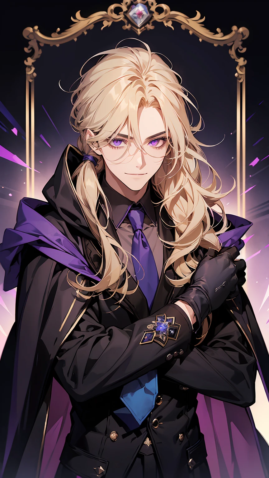 1young man,solo, male photo,confident smile, yellow hair, ((long hair)), low ponytail,(wavy hair),purple eyes, slant eyes,anatomically correct,purple tie,((black gloves)),((blue cloak)),black suit,beautiful background,best quality, high quality,masterpiece, 8K
