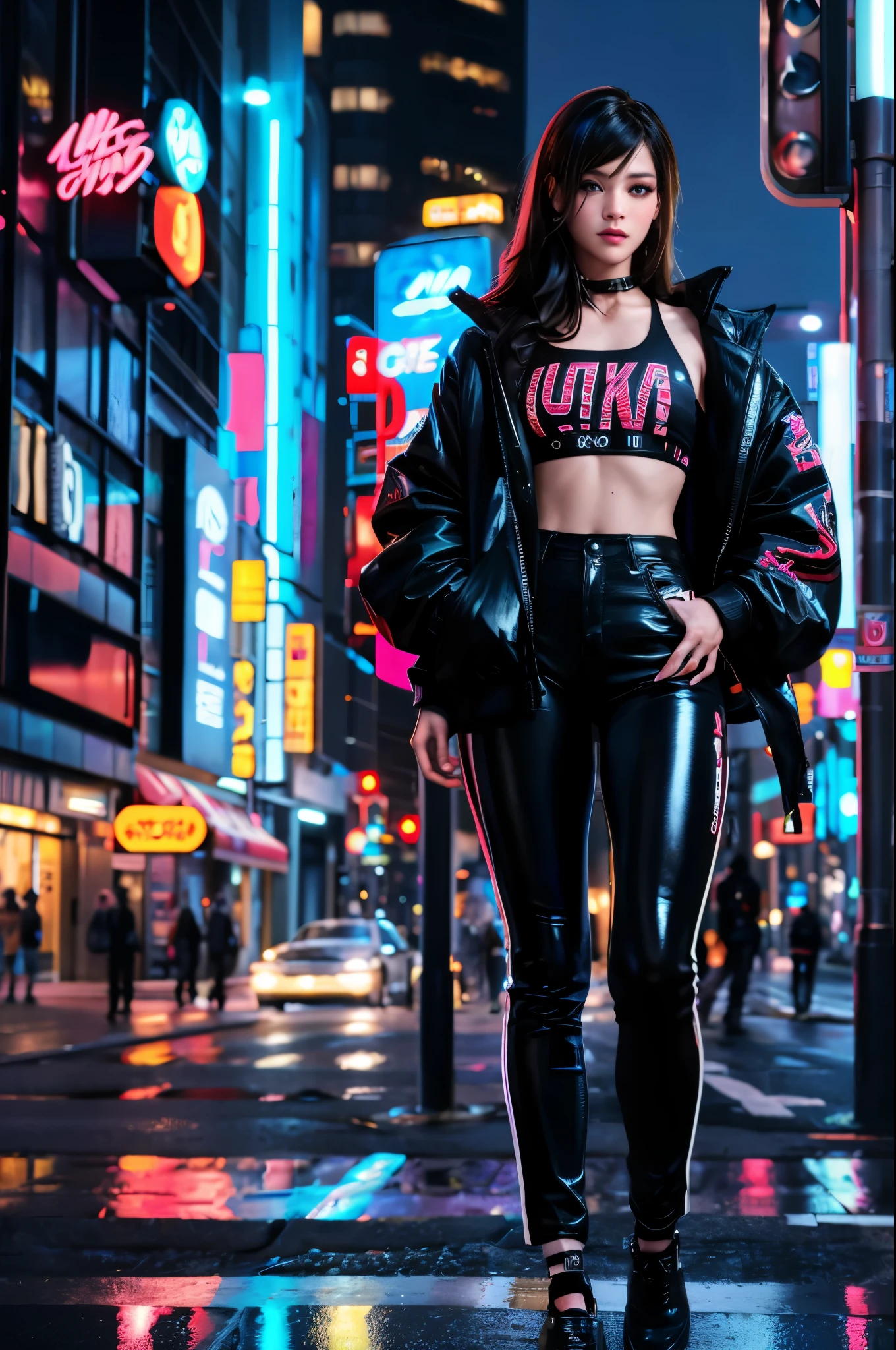 (best quality,4k,8k,highres,masterpiece:1.2),ultra-detailed,(realistic,photorealistic,photo-realistic:1.37),pretty girl,black clothes,city street,beautiful detailed eyes,beautiful detailed lips,extremely detailed eyes and face,long eyelashes,confident smile,dark curly hair,fashionable outfit,trendy accessory,vibrant urban background,graffiti art,reflection of neon lights on wet pavement,sleek high-rise buildings,tall skyscrapers,modern architecture,bustling crowd,pedestrians in motion,car lights streaking through the streets,dynamic atmosphere,nighttime cityscape,soft warm lighting,subtle shadows,contrasting shadows and highlights,stylish poses,sidewalk cafes with people enjoying coffee,urban fashion,streetwear aesthetics,high contrast colors,edgy vibes,modern-day beauty,urban glamour.