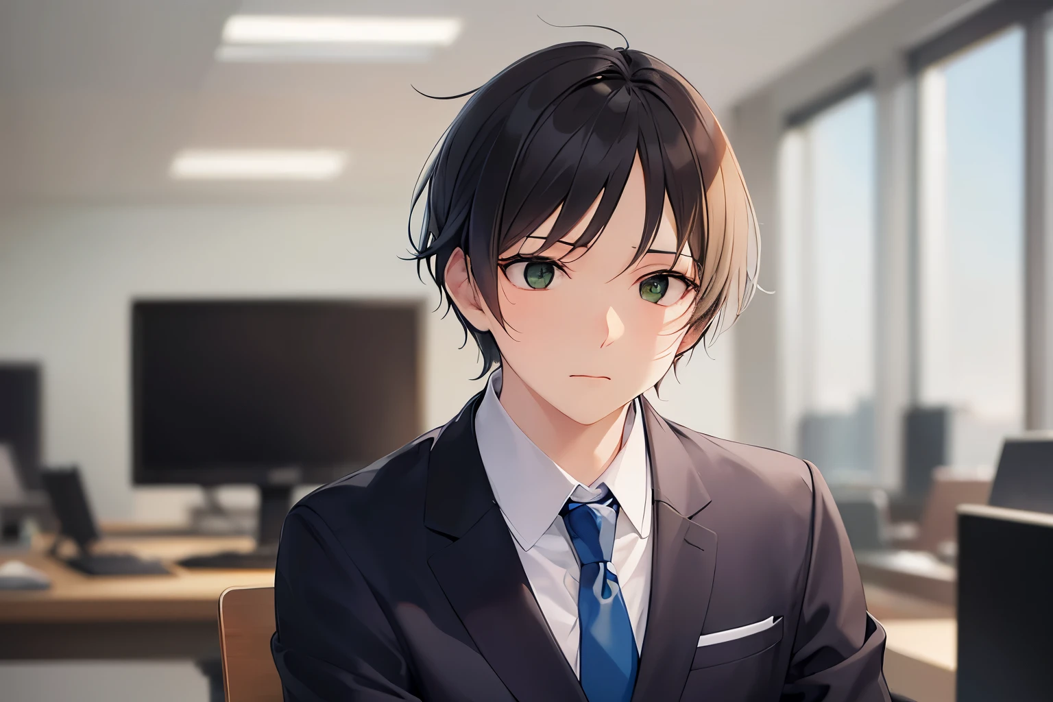 dutch angle, (looking away:1.5), masterpiece、high quality、25-year-old man with short black hair and green eyes、Wearing a white Y-shirt、Wearing a dark blue tie、(Alone:1.5)、(Expressionless:1.1)、sitting、The background is an office、computer、bold composition、