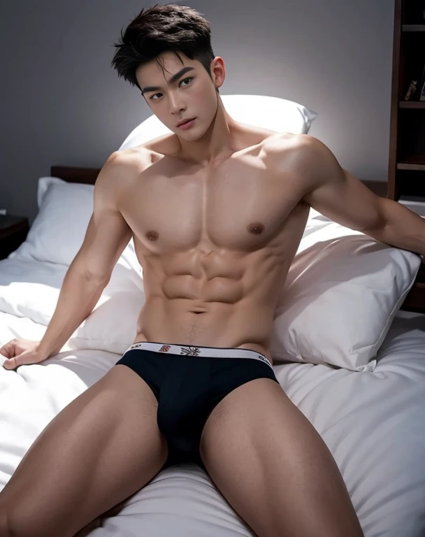 full-body shot, low angle shot, portrait of a handsome guy, chinese male actor, 20 years old, shirtless, barechest, without beard, undercut hair, with a little wavy hair, defined muscles, fit, full body shot, ultra highest detailed face, look at camera, facial sexual emotional expression, darmatic lighting, dim light, tight short boxer-briefs, tight underwear, briefs, tight, lay on his back on bed, legs open