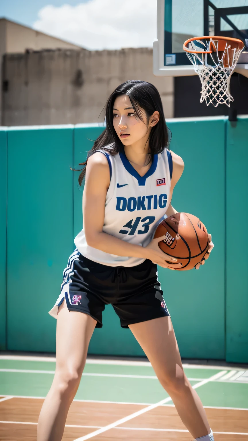 masterpiece, black hair, beautiful, elegant. Ultra-fine details, masterpieces, realistic textures, realistic cinematic lighting, perfect work, 8k, HD, delicate facial features, (Image from thighs to head), huge breast, (Japanese idol:1.2), Edgy street basketball outfit with graphic prints, Skilled basketball player executing a slam dunk, Urban basketball court with graffiti-covered walls, Intense streetball competition,