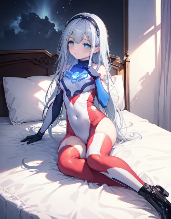 highest quality,sleep on your back in bed，Crab crotch，show me your boots，Leotard sneak peek，glove，elegant, 1 girl, ultraman bodysuit ，cute, blushed, looking at the viewer, from below, prison，blue eyes, beautiful eyes, beautiful background, particles of light, Light of the sun, dramatic lighting, outside, shiny, realistic, table top, highest quality, Super detailed, get used to it, scenery, beautiful and detailed eyes, thin hair，full body shot，