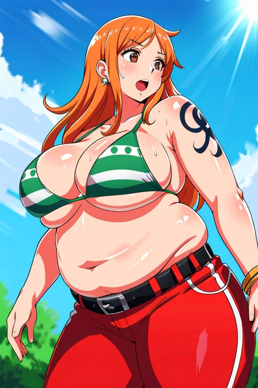 detailed background, masterpiece, 4k, best quality, late youth, adult, wrestler body, 1girl, active, energic, uppercut, (large mouth) , solo, nami \(one piece\), 1girl, bangle, (very wet, drenched in sweat, sweat all over body, very wet hair, tired, taking breath, open mouth, sweaty face, sweaty body, panting, sweating too much, shiny sweat, sweat stains, leaning forward, tilting, waving good bye with both hands), ((( enormous plump belly, fat thighs, bottom heavy))) big belly, fat, fat belly, stout belly, belly sticking out, perfect detailed face, bold drawing lines, detailed bold arm lines, flat jaw, adult woman, wavy wide streaked bangs, floating bang streaks, (big cheeks), bare shoulders, off-shoulders, belt, bikini, bikini top only, blue sky, bracelet, springy breasts, breast lines, big round eyes, plain big brown shiny eyes, bubbles, high eye position, cleavage, cloud, day, denim, earrings, floating hair, shiny hair, green belt, green bikini, bold groin lines, jeans, jewelry, large breasts, log pose, long hair, looking at viewer, navel, wet hair, orange hair, pants, shoulder tattoo, sidelocks, sky, solo, standing, swimsuit, tattoo , looking at viewer, open mouth, detailed left arm, big forehead, small head, wide hair, wind effect, sun effect, under the sun, narrow small ears angle, older, random poses,