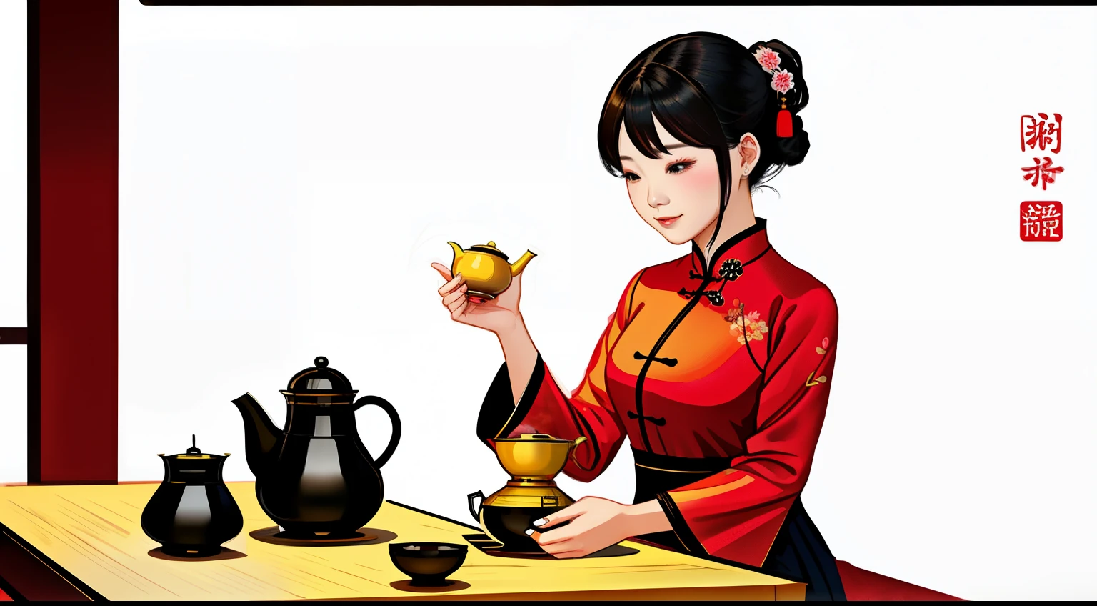 A Shanghai woman wearing a cheongsam,Doing a tea ceremony,holding teapot,Gentility,Tea art process,flat illustration,Minimalism,Printing style