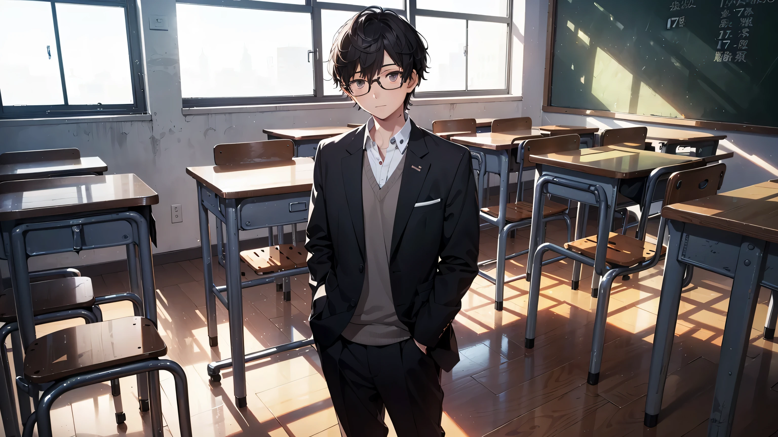 masterpiece, best quality, 1boy, solo, Amamiya Ren, glasses, ((tsume-eri gakuran boy japanese school uniform)), corridor, ((top quality, ultra-detailed, high resolution, extremely detailed CG, unity 8k wallpaper, by famous artist, perfect anatomy, super detailed skin, cinematic lighting, UHD, retina, anatomically correct, 1080P)), (Please draw a single one boy walking in a classroom school :1.3), ((1boy)), (Solo, face,-yeld:2. a high school student, ((full dark brown hair)) Full limbs, complete fingers, ((perfect fingers, perfect arms)), masculine, manly, small butt, Beautiful detailed full dark brown eyes, glasses, perfect eyes, (Detailed Lighting), (Detailed background), (in the school zone), full body view, standing, single guy (one guy), full body shot. Background is the school, front body,