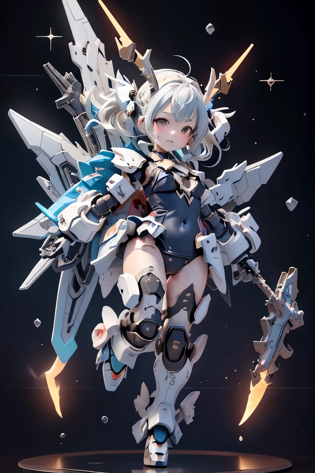 (highest quality)), ((masterpiece)), (very detailed: 1.3), 3D, (wear dark blue Old School Swimsuit under armor:1.3), 1 girl, (She is fused with futuristic Gundam mecha:1.3), with headgear, add v-fin to the forehead, armored shoulders,armored under arms, armored under legs, 2 marine thrusters attached on back, marine thrusters are symmetrical, under the calm waters of Iceland:1.2, under water, multilayer textureperfect proportions, octane rendering, duotone lighting, Low ISO, wide aperture, White balance, Rule of thirds, ultra HD16k, HDR (High Dynamic Range), Ray Tracing, NVIDIA RTX, Super Resolution, Subsurface Scattering, PBR Texturing, Post Processing, Anisotropic Filtering, Depth of Field, Maximum Clarity and Clarity, High efficiency subpixel, subpixel convolution, particles of light, light scattered, Tyndall effect, full body:1.5, battle pose, cute, (cute:1.2), (セミロング:1.3),三つ編み, 黒髪, 太い眉毛, 薄い色の虹彩, 大きくて輝いている黒い瞳, 長いまつげ, 小さく薄い色の自然な唇, (Average face of Japanese idols), (日本人特有の童顔:1.3), (baby face), 広いおでこ:1.2, ふっくらした頬, 小さな顎, looking at viewer,Focus on the eyes, (完璧な4本の指, 親指1本),