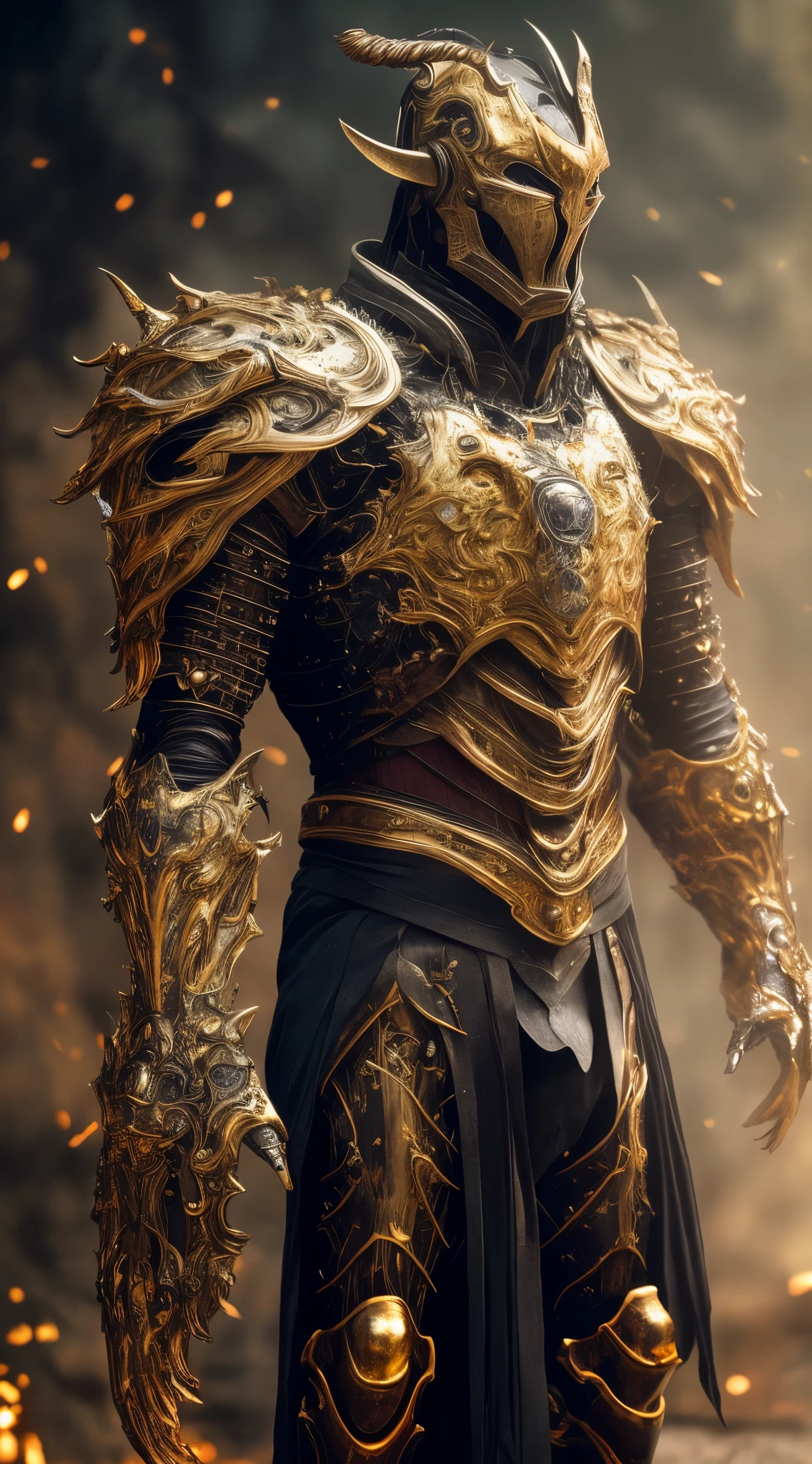 a close up of a man in armor with a golden sword, gold heavy armor. dramatic, stunning armor, golden armor, detailed fantasy armor, black and golden armor, beautiful armor, gold armor, fantasy armor, intricate golden armor, golden armour, fantasy warrior in full armor, sleek gold armor, very stylish fantasy armor, black and gold armor, light gold armor