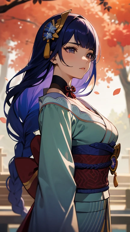 (blue color tone),best quality,4k,8k,highres,masterpiece:1.2,ultra-detailed,realistic,photorealistic
character:Raiden Shogun,serious expression,detailed eyes,detailed lips,long purple hair,imposing presence,traditional Japanese clothing,holding a katana
scenery:ancient Japanese temple,blossoming cherry trees,soft sunlight filtering through the trees,falling petals creating a serene atmosphere
material:traditional Japanese ink painting,elegant brush strokes,delicate paper texture,gold leaf accents on the temple walls
art style:Japanese ukiyo-e,subtle ink wash effect,dynamic linework,depicting motion and grace
lighting:soft, warm sunlight illuminating the scene,casting gentle shadows on the ground and the character's face
details:intricate patterns on the kimono,crimson autumn foliage around the temple,subtle reflections on the katana's blade