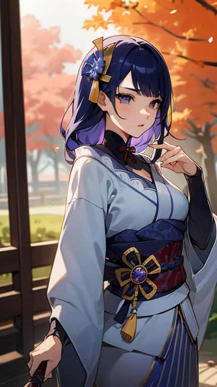 (blue color tone),best quality,4k,8k,highres,masterpiece:1.2,ultra-detailed,realistic,photorealistic
character:Raiden Shogun,serious expression,detailed eyes,detailed lips,long purple hair,imposing presence,traditional Japanese clothing,holding a katana
scenery:ancient Japanese temple,blossoming cherry trees,soft sunlight filtering through the trees,falling petals creating a serene atmosphere
material:traditional Japanese ink painting,elegant brush strokes,delicate paper texture,gold leaf accents on the temple walls
art style:Japanese ukiyo-e,subtle ink wash effect,dynamic linework,depicting motion and grace
lighting:soft, warm sunlight illuminating the scene,casting gentle shadows on the ground and the character's face
details:intricate patterns on the kimono,crimson autumn foliage around the temple,subtle reflections on the katana's blade