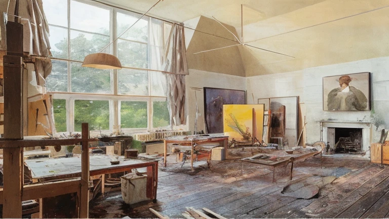there is a room with a lot of paintings and a fire place, inspired in balthus, inside a grand studio, inspired by Balthus, inside a grand messy studio, in a old house. realistic, painting of a room, apartment of an art student, art house aesthetic, francis bacon and cy twombly, inspired by William Michael Harnett, 16:9 , architecture room