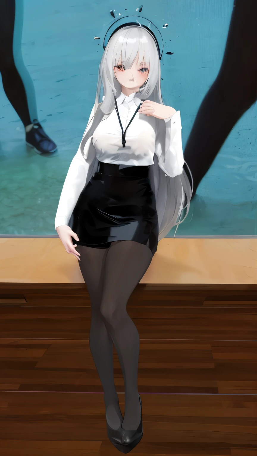 Anime girl, white hair, white shirt, short black skirt, black stockings, sitting on a table, wet shirt, water detail