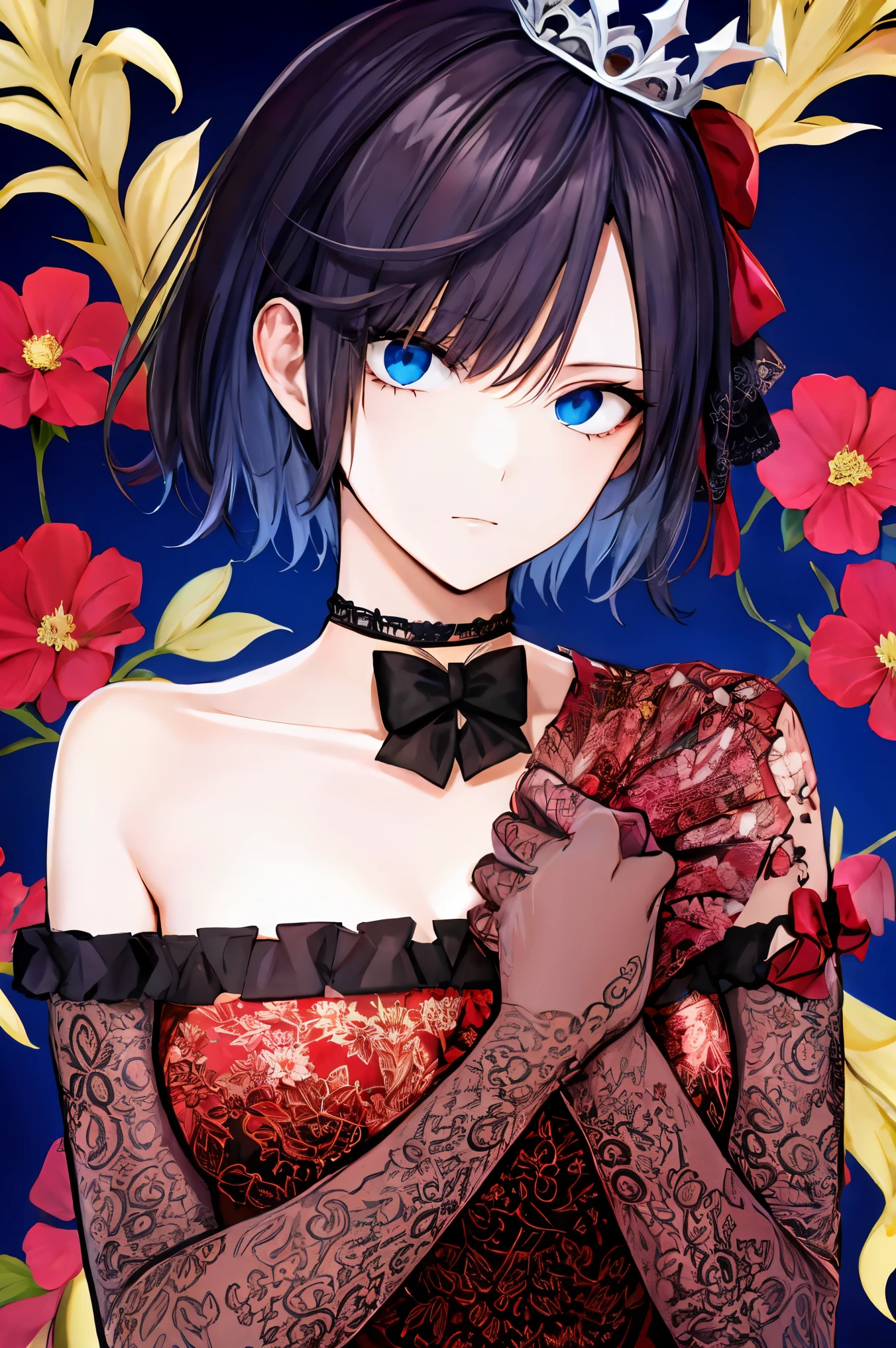 shoujo-style, jk style, (floral background), romance manhwa, (nagisa), 1girl, solo, short hair, flower, dress, tiara, white dress, gloves, long sleeves, choker, mascara, makeup, white gloves, black bow, black flower, bow, jewelry, looking at viewer, collarbone, puffy sleeves, silver accessories, upper body, bangs, blue dress, frills, closed mouth, detailed eyes, cowboy shot
