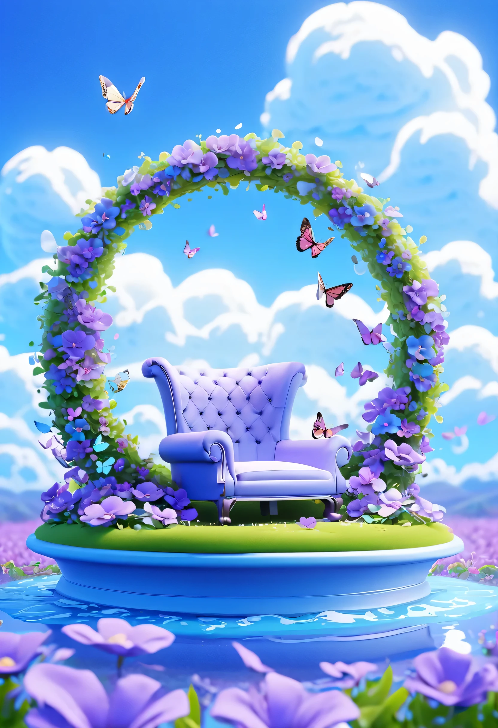 （number "Thirty-eight" in a circular booth:1.5）, Sitting in a water-saturated flower field, purple flower, Blue sky and white clouds, Butterfly, splash, High detail scenes, animation style rendering, High fidelity art style, High detail composition, Beautiful composition 3d 4k, artistic, Spring vibration, bottom corner, vague dream pictures, dream, number艺术, High-fidelity aesthetics