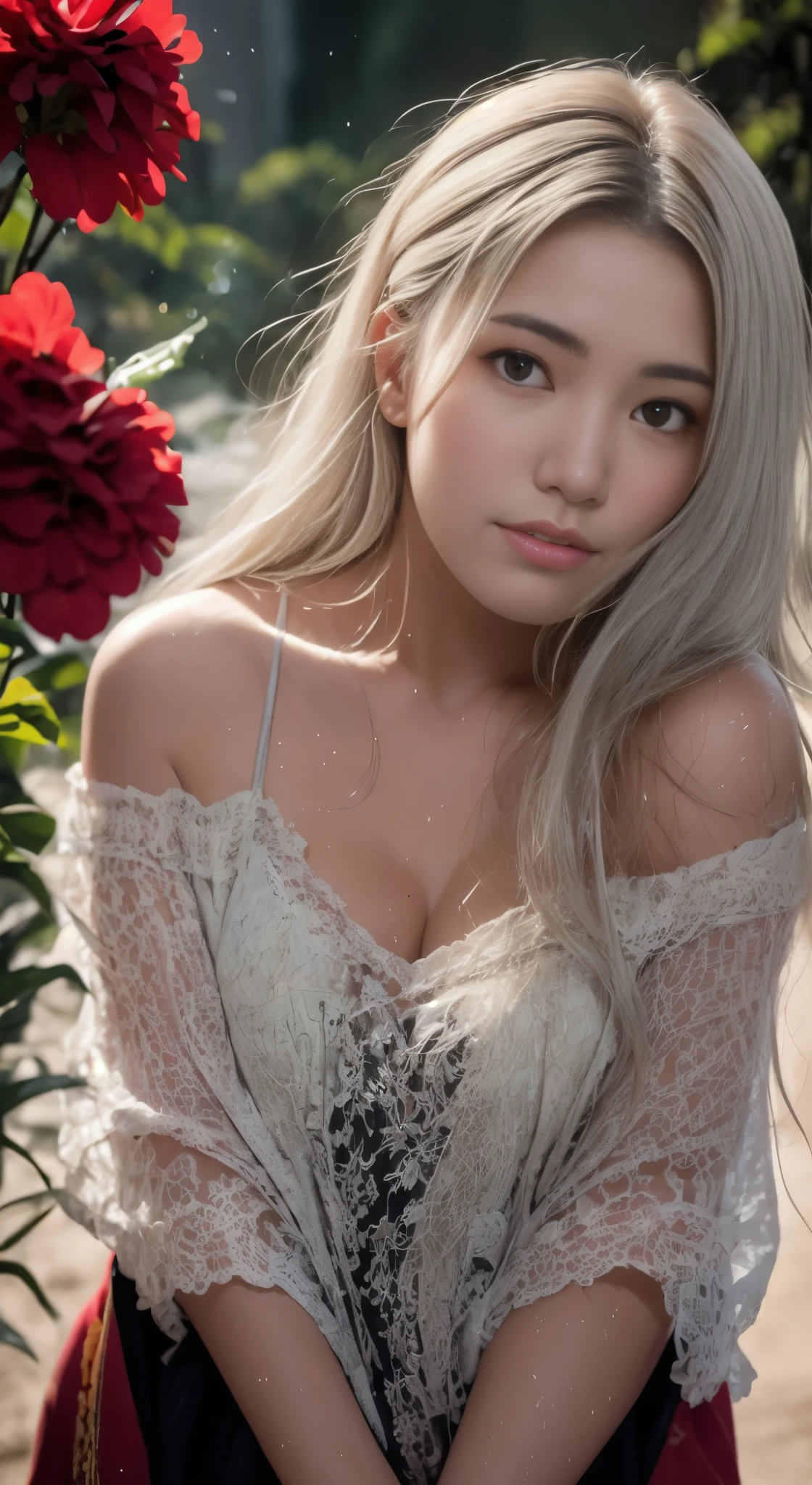 1girl,solo,1girl,solo,((beautiful detailed eyes)), (detailed light),depth of field,(white hair),silver eyes,hair over one eye,(red flower ), hair flower,long hair,black off-shoulder kimono,wet,emotionless,looking back,night,starfall,raining,fog,red flowers falling,sketch,upper body,intense shadows,