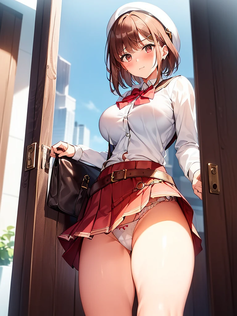 1 girl, riser, ((White school uniform)), red bow tie, ((blush:1.2)), huge breasts, Naughty big breasts, black mini skirt, ((long slender legs)), ((thin waist)), thighs, beret, cowboy shot, Beautiful woman, pretty face, squint your eyes, Curvaceous, feel shy, sexy pose, ((skirt that rolls up:1.3)), ((Exposed white panties:1.4)), ((View from below:1.3))