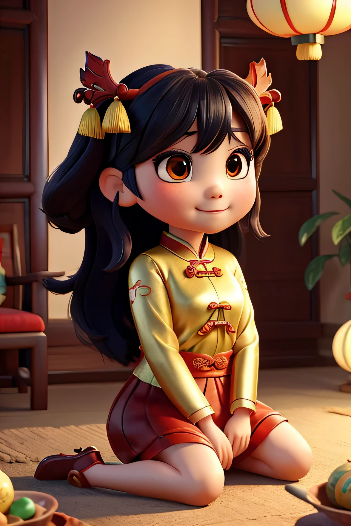 charming chinese girl，big eyes，charming，红色festive的衣服，charming chinese dragon，festive，非常festive，sitting， Chinese girl，Chinese fantasy，beautiful figure painting，8k，High quality artistic details，Detailed digital animation art，more details，Lots of lanterns，The night sky is very bright