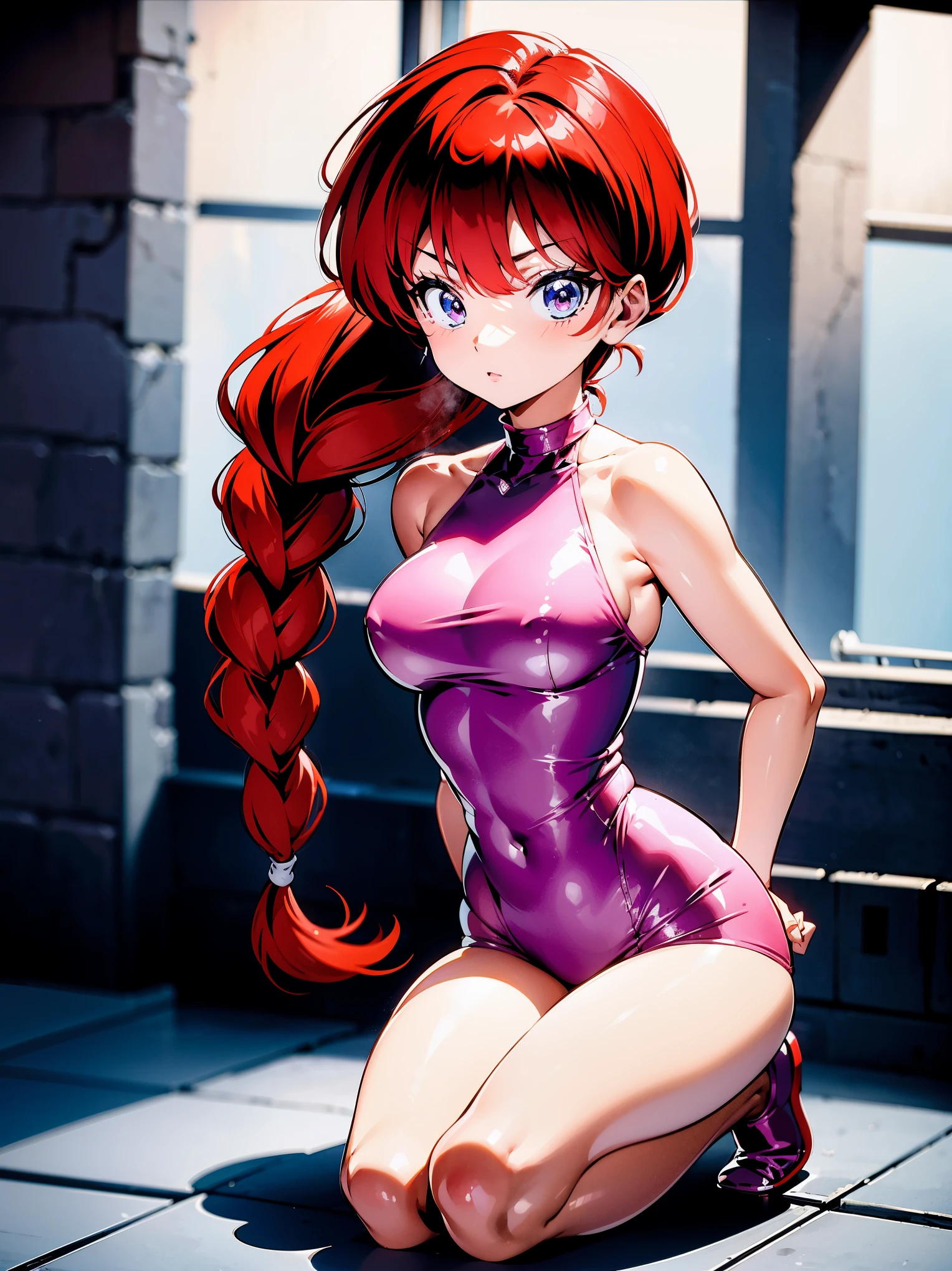 Redhead anime girl wearing pink latex top and black leather pants, , corpo bonito, seios grandes, kneeling on the floor with hands on waist, hands on hip, agachada, red hair with braid, beautiful lighting, susve sombras, olhos azuis, pernas bonitas, hair with braid, estilo anime, Ranma Chan, Autora Rumiko Takahashi, Baseado em obra de Rumiko Takahashi, Anime Ranma 1/2, seios grandes, decote sexy, quadril robusto, corpo inteiro, corpo inteiro, Seios lindos, garota jovem com corpo belo e bonito, sombreamento suave, sombreamento leve