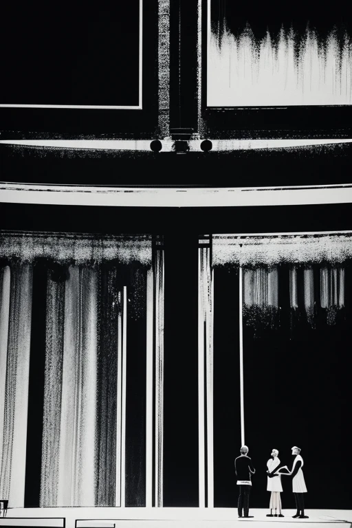A monochrome print-style abstract painting of two people talking on stage.
