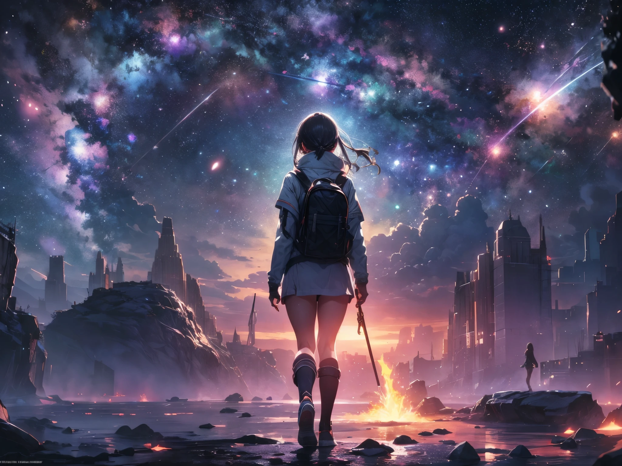 Draw a young female programmer, standing on a research platform floating in the middle of an asteroid belt, turn her back on viewers , from behind,surrounded by several asteroids glowing with fiery auras BREAK Dramatic lighting from distant stars and planets illuminates the scene, casting deep shadows on the suit, looking at the vast and mysterious universe with wonder and respect,BREAK,Detailed,Realistic,4k highly detailed digital art,octane render, bioluminescent, BREAK 8K resolution concept art, realism,by Mappa studios,masterpiece,best quality,official art,illustration,ligne claire,(cool_color),perfect composition,absurdres, fantasy,focused,rule of thirds