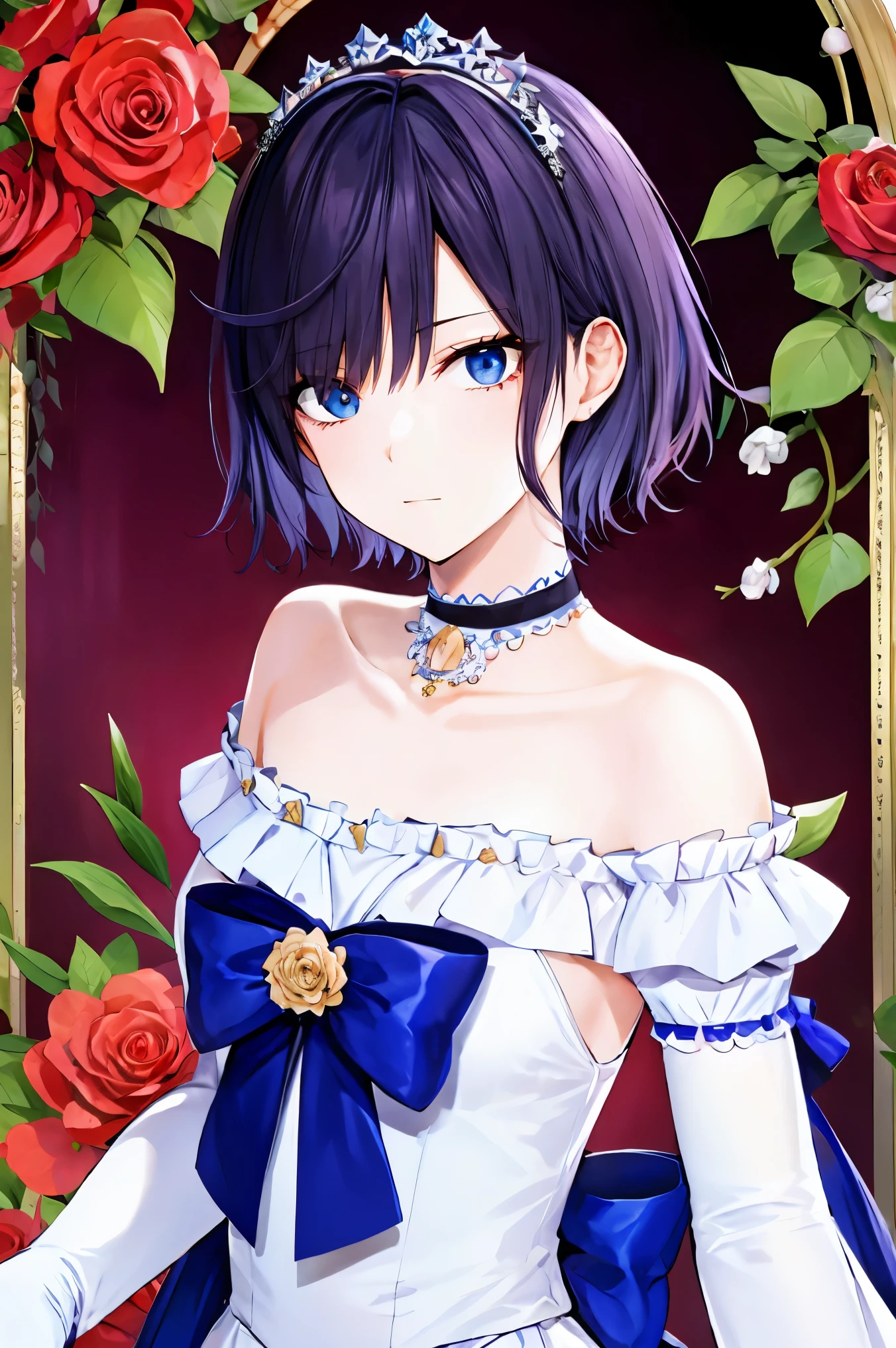 shoujo-style, jk style, (floral background), romance manhwa, (nagisa), 1girl, solo, short hair, flower, dress, tiara, white dress, gloves, long sleeves, choker, mascara, makeup, white gloves, black bow, black flower, bow, jewelry, looking at viewer, collarbone, puffy sleeves, silver accessories, upper body, bangs, blue dress, frills, closed mouth, detailed eyes, cowboy shot