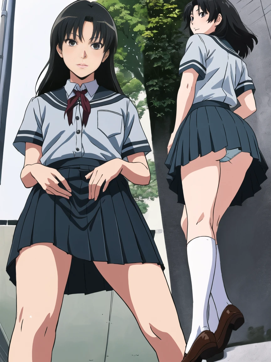 highest quality, ultra high resolution, (realistic: )2D official style cel animation,(multiple views)Amagami Tsukasa Ayatsuji,high school girl,uniform,Gray mini skirt,Light blue lace panties,full body portrait,from below,In front of the station,sunny,Voyeurism