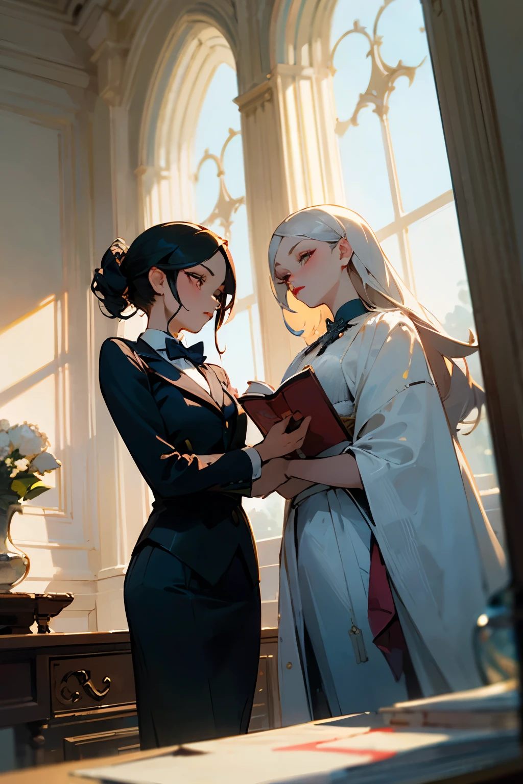Masterpiece, dynamic shot, dynamic angle, ((2 females)), queen dominating her maid, queen tying up her maid, maid tied by queen, scared, bdsm, bound, bondage, tied up, bound together, shibary, dynamic shot, dark, low light, cold blue light, high contrast