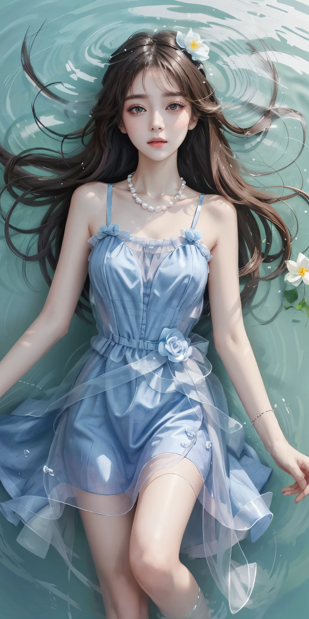 Sweet girl clothes2,pearl necklace,blue dress,flower,  best quality，masterpiece，ultra high resolution，Clear face,（Realism：1.4），RAW photos，cold light，woman wearing transparent dress underwater，Full body image，wallpaper anime blue water，Gurwitz-style artwork，Close-up fantasy of water magic，author：Yang Jie，Gurwitz，A beautiful artistic illustration，Water Nymphs，Beautiful digital artwork，Beautiful digital illustration，Li Song，A beautiful anime portrait，Bovo&#39;s art style