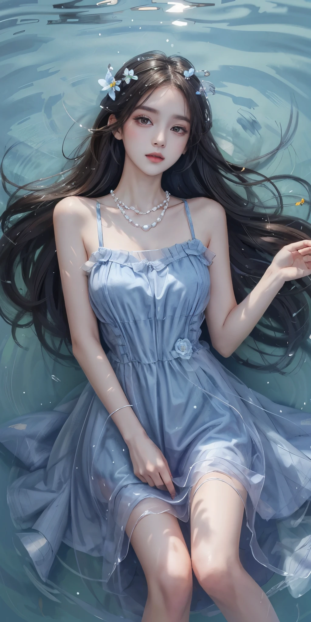 Sweet girl clothes2,pearl necklace,blue dress,flower,  best quality，masterpiece，ultra high resolution，Clear face,（Realism：1.4），RAW photos，cold light，woman wearing transparent dress underwater，Full body image，wallpaper anime blue water，Gurwitz-style artwork，Close-up fantasy of water magic，author：Yang Jie，Gurwitz，A beautiful artistic illustration，Water Nymphs，Beautiful digital artwork，Beautiful digital illustration，Li Song，A beautiful anime portrait，Bovo&#39;s art style