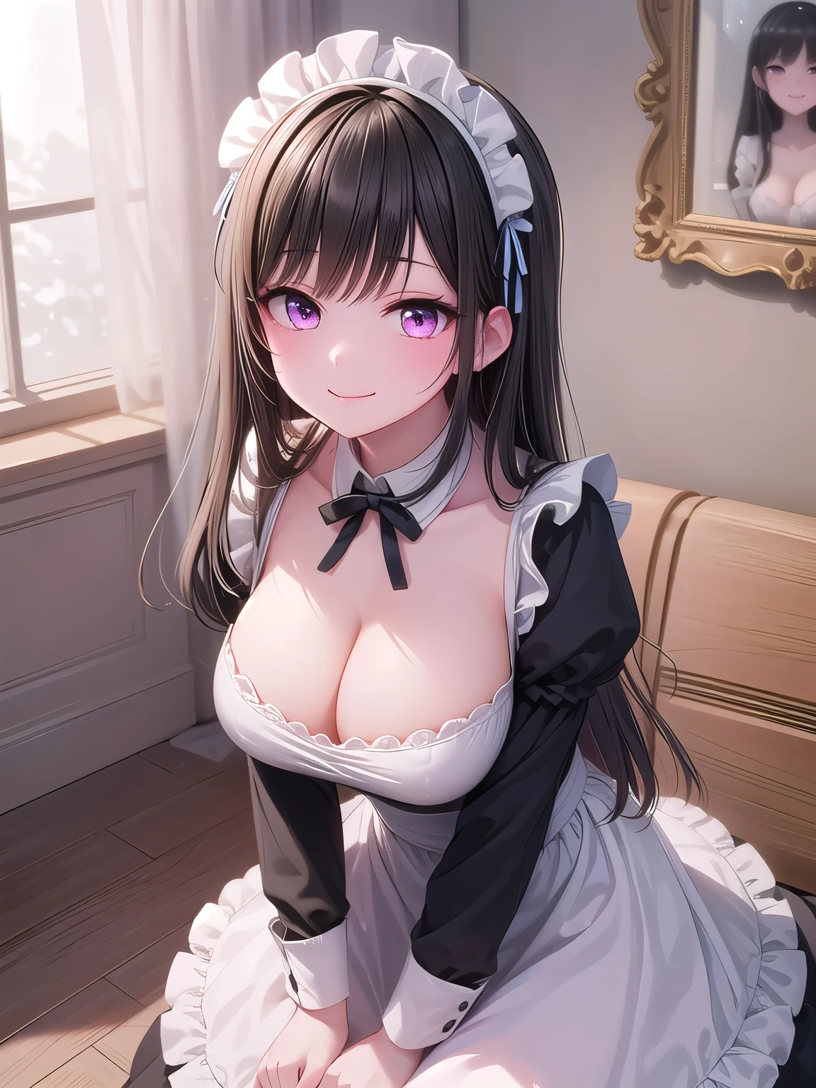 solo girl,20 years old,long hair,blue ribbon,looking up,(black hair:1.4), pink eyes, sparkle eyes,large breast,happy,smile,maid costume,cleavage,mini skirt,long sleeves,indoors,western style mansion,Best Quality, High resolution, Extremely detailed, Detailed background, Perfect Lighting