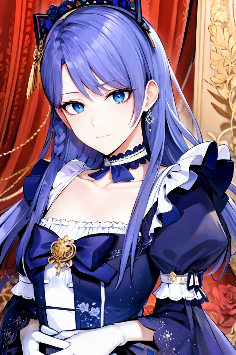 shoujo-style, jk style, (floral background), romance manhwa, (lobelia), 1girl, solo, braid, flower, dress, tiara, white dress, gloves, long sleeves, choker, mascara, makeup, white gloves, black bow, black flower, bow, jewelry, looking at viewer, collarbone, puffy sleeves, silver accessories, upper body, bangs, blue dress, frills, closed mouth, detailed eyes, cowboy shot